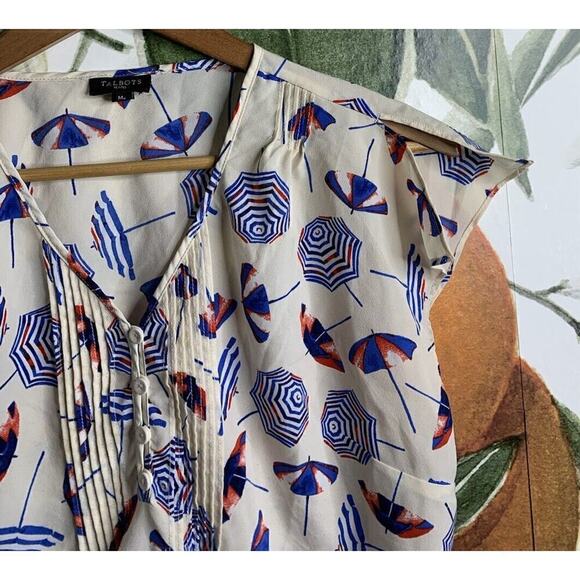 Talbots Petites MP Sleeveless Summer Umbrella Print Semi Sheer Blouse Pleated - Picture 3 of 5